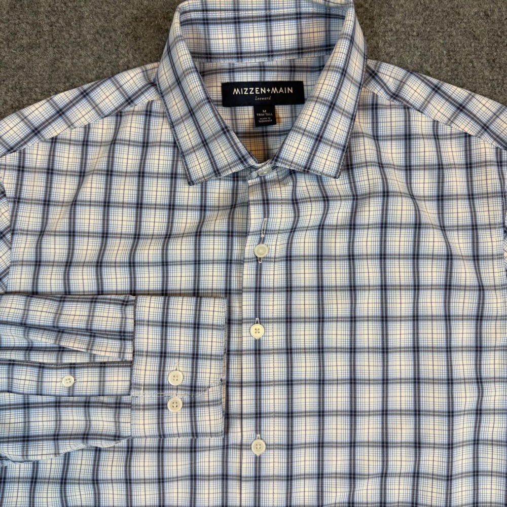 Mizzen + Main Leeward Dress Shirt Mens M Trim Tall Blue Plaid Performance Shirt